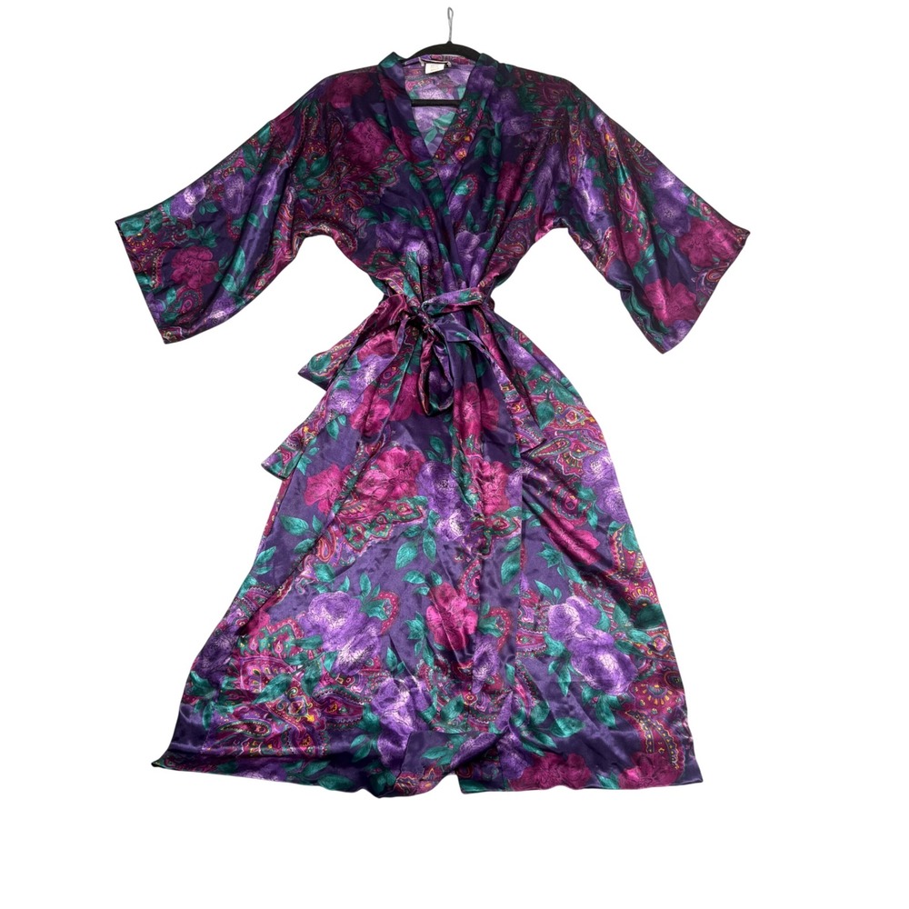 California Dynasty Vintage Purple Floral Paisley Satin Robe Kimono Sleeve Medium